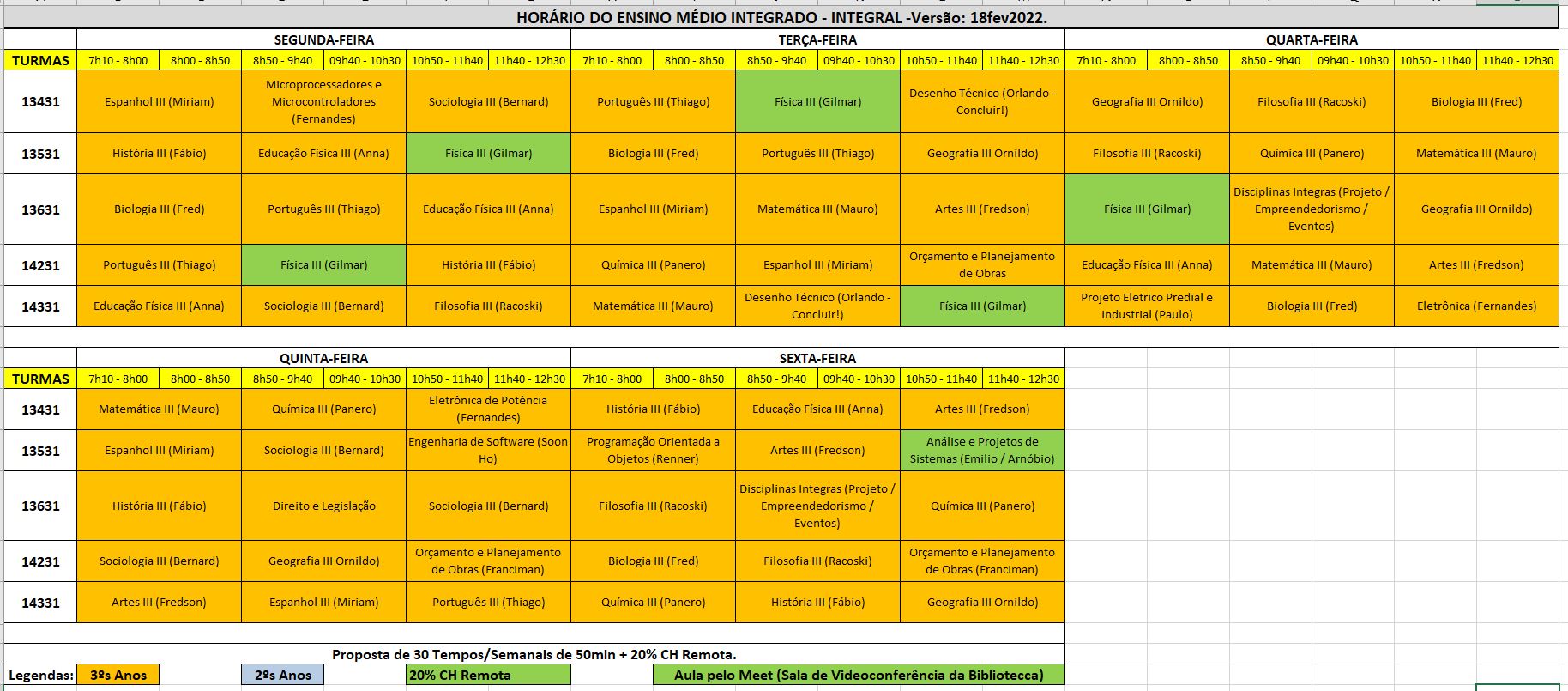 Horários dos 3ºs Anos